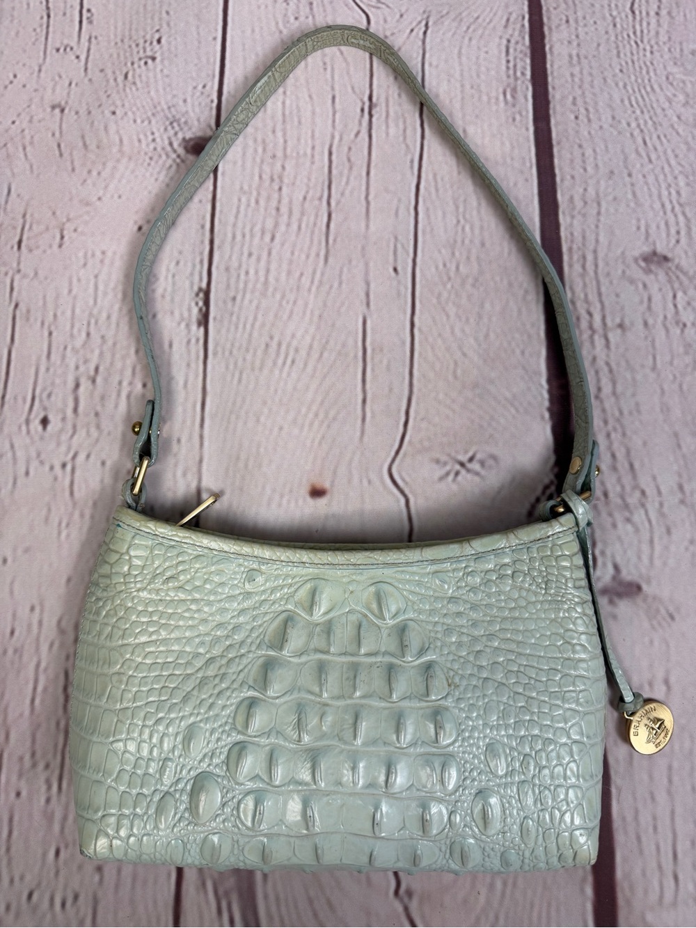 BRAHMIN seafoam pale green croc-embossed leather shoulder mini bag
